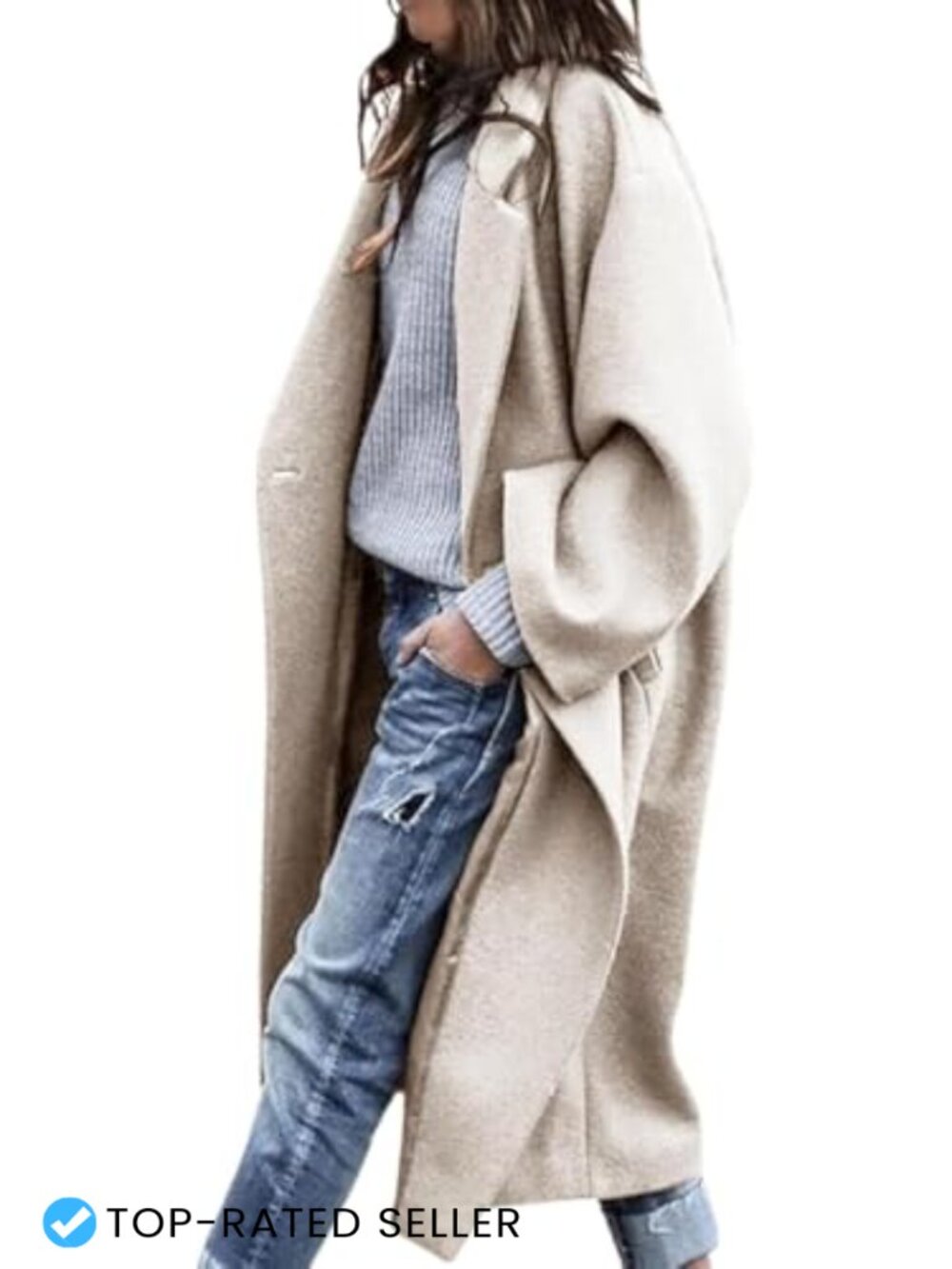 Oversized Wool Blend Pea Coat Notch Lapel Single Breasted Knee Length Winter